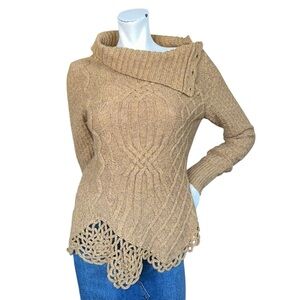 Anthropologie Moth Ochre Wool Blend Cable Knit Crochet Mockneck Sweater Medium